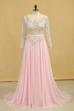 2022 Plus Size A Line Chiffon Prom Dresses Bateau Long Sleeves With Beads & P9DE6SEH