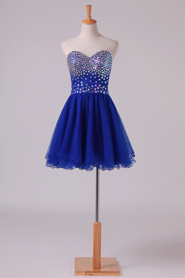 2022 New Arrival Dark Royal Blue A Line Sweetheart Homecoming Dresses Tulle Short With P34MYTXA