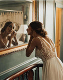 Elegant A Line Tulle Ivory V Neck Wedding Dresses With Pearls, V Back Beach Bridal Dresses STG15153