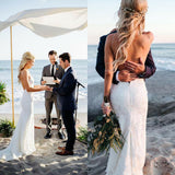 Spaghetti Straps V Neck Lace Wedding Dresses, Backless Mermaid Beach Wedding Gowns STG15423