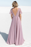 Kenley Natural Waist Short Sleeves A-Line/Princess Floor Length Chiffon V-Neck Bridesmaid Dresses