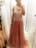 Tulle A-Line Beading High Neck Sleeveless Charming Real Made Long Evening Dresses