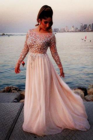 Long Sleeve Fashion Chiffon Long Scoop Pink A-Line Beads Custom Sexy Prom Dresses