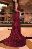 Mermaid V-Neck Burgundy Prom Dresses, Sequin Evening Dresses With Split