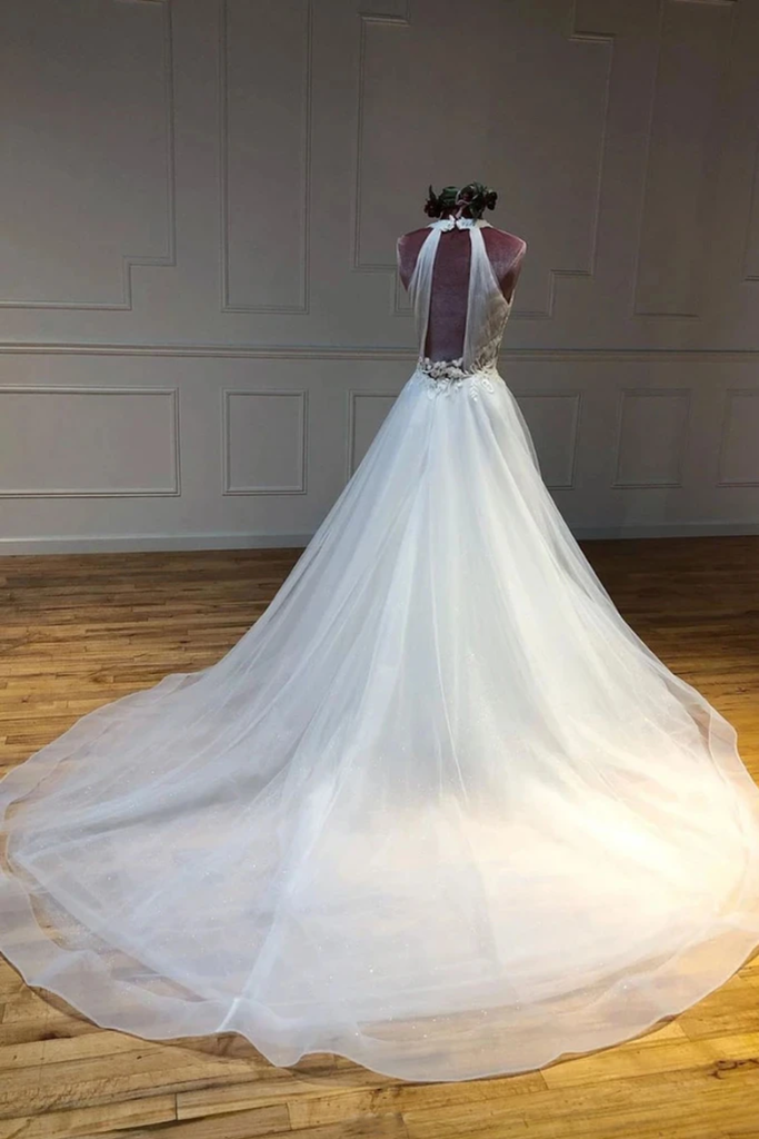 Simple Halter Court Train Tulle Wedding Dresses A Line Sleeveless Bridal STGP5QM4JP3