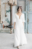 Simple A Line Ivory Chiffon V Neck Wedding Dresses Half Sleeves Long Wedding STGP42YQLZ1