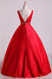 2024 Hot Red Satin Prom Dresses Straps Floor Length Beaded Bodice A PA9ADZEE