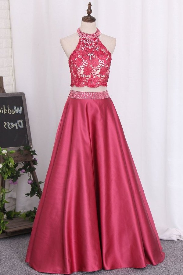 2022 New Prom Dresses A-Line Scoop Floor-Length Lace And Satin P8GYNEHL