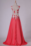 2024 Straps Prom Dresses A Line Chiffon With Applique And Beads P1R8K3AC