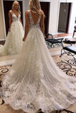 Luxurious Ball Gown V Neck Open Back Ivory Lace Wedding Dresses,Sequins Beach Bridal Dresses STG15259