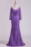 2022 Purple Mother Of The Bride Dresses V Neck 3/4 Length Sleeve Mermaid Lace PAG916GG