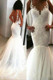 Elegant Mermaid White V Neck Appliques Wedding Dresses, Tulle Beach Wedding Gowns STG15183