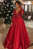 Elegant Long Sleeve Red Lace Beads Long Prom Dresses, A Line Satin Evening Dresses STG15174