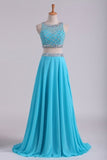 2024 Bateau Two Pieces Prom Dresses A Line Beaded Bodice Open Back Floor Length Chiffon & PSZPABKA