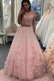 3D Floral Junior Off the Shoulder Prom Dresses Lace Two Piece Pink Lace Prom Gowns