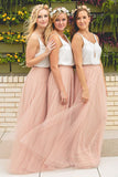 Elegant A-line Floor Length Ivory And Blue Flowy Tulle Long Bridesmaid Dresses