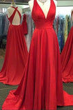 Red A Line Sweep Train Deep V Neck Sleeveless X Back Side Slit Prom Dresses