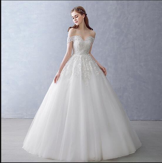 White Off-the-Shoulder Ball Gown Beads Sweetheart Floor-Length Wedding Dress