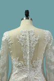 2024 Bateau Wedding Dresses Mermaid Long Sleeve Tulle With Applique PMEK38XJ