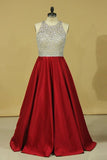 2024 Burgundy Scoop Open Back Beaded Bodice A Line Prom Dresses Satin & Tulle Plus PHTN28CY