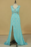 2024 Sexy Open Back V Neck With Beads And Slit Prom Dresses Mermaid Lace P6AZ92H5