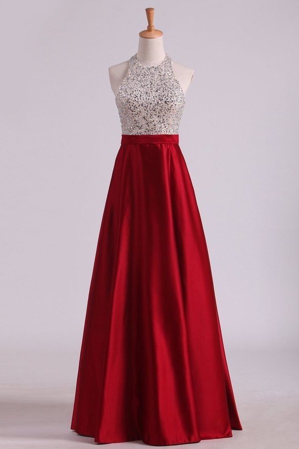 2022 Open Back Halter Prom Dresses Satin With Beading Floor-Length A PBHYJY5T