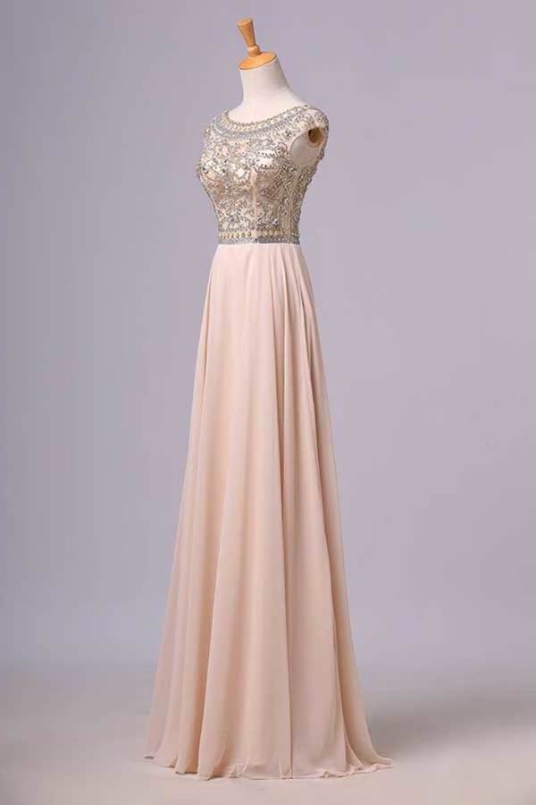 2022 Prom Dress Scoop A Line Floor Length Beaded Tulle Bodice With Chiffon P4NAGRTQ
