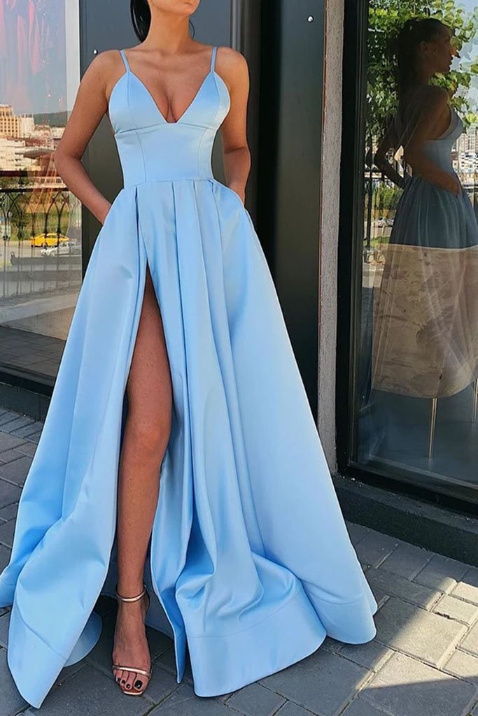 A Line Blue Satin Long Prom Dresses, V Neck High Slit Formal Evening Dresses with Pockets STG14992