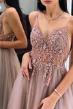 Gorgeous A-Line Spaghetti Straps V Neck Blush Tulle Prom Dresses, Cheap Evening Dresses STG15235