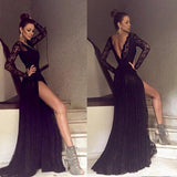 Black Long Sleeves Lace Side Split Sexy V Back Long Prom Dress