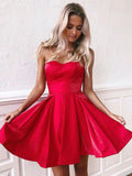 Simple Red Satin Sweetheart Strapless Homecoming Dresses Above Knee Short Prom Dresses STG14982