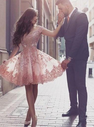 Off Shoulder Short Sleeves Mini Blush Lace Homecoming Dress with Appliques