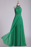 2024 High Neck Prom Dresses Beaded And Ruched Chiffon Sweep PKPJPS5Y