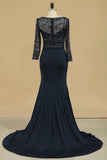 2024 Dark Navy Spandex Scoop 3/4 Length Sleeves Beaded Bodice Mother Of The Bride Dresses PT2LM85F