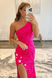 Mermaid Glitter Sequins One-Shoulder Backless Prom Dress With Stars