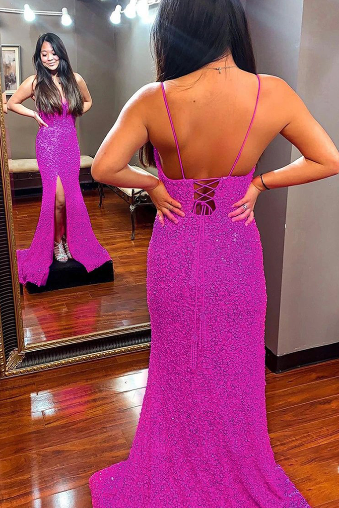 Sevy Glitter Hot Pink Backless Long Prom Dress