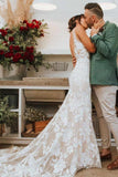Elegant Mermaid Lace Appliques Straps V Neck Ivory Wedding Dresses, Beach Wedding Gowns STG15515