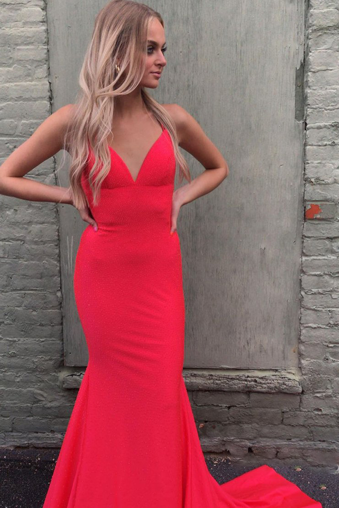 Mermaid Hot Pink Sexy Backless Long Prom Dress