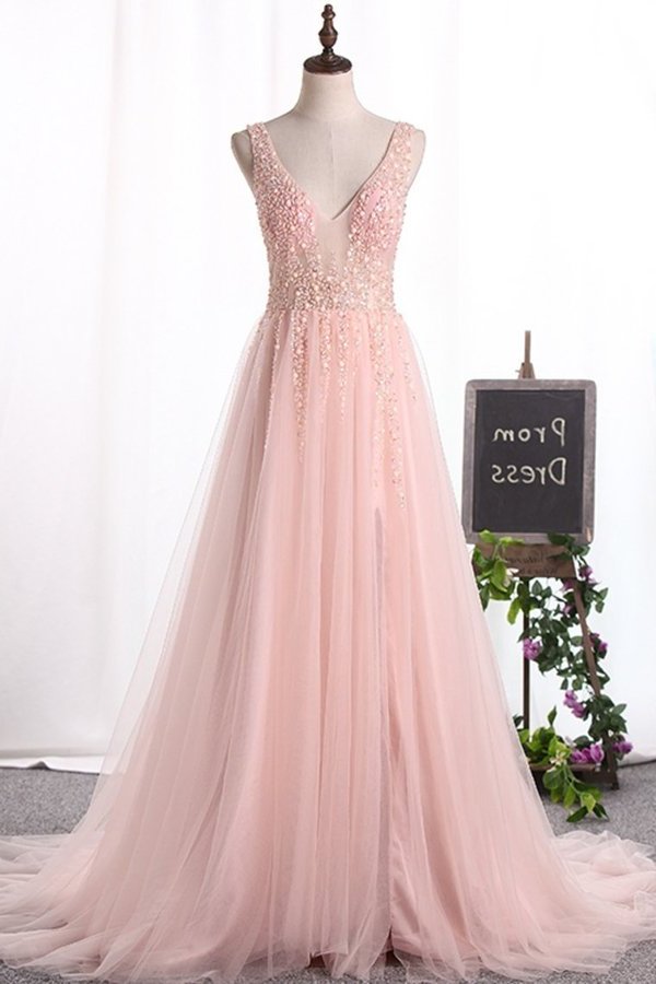 2022 New Arrival Straps A Line Tulle Prom Dresses With Beading PQF8BG9S