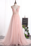 2022 New Arrival Straps A Line Tulle Prom Dresses With Beading PQF8BG9S