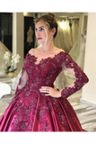 Prom Dress With Long Sleeves And Floral Embroidery Burgundy Colored Court STGPJ8SLMB9