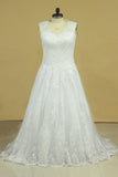 2022 Plus Size A Line V Neck Wedding Dresses Tulle With Applique Court P9G9YZ21