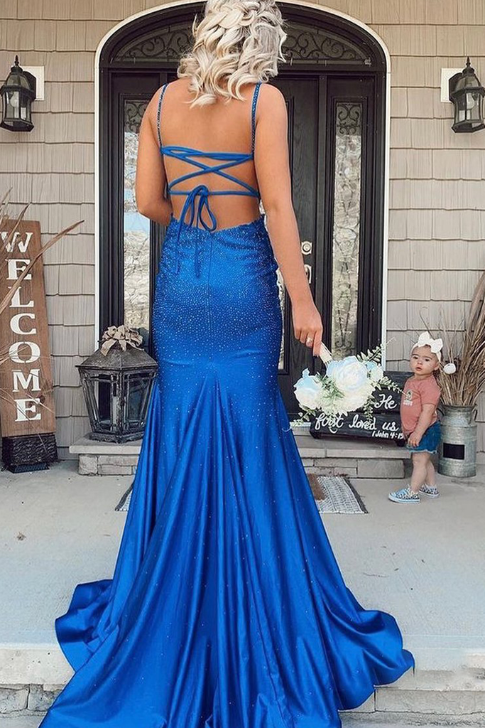 Mermaid Glitter Royal Blue Backless Long Prom Dress Evening Dress