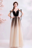 Spaghetti Straps Black Deep V Neck Formal Dress, Floor Length Tulle Ombre Prom Dresses STG15409