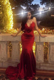 Chic Red Spaghetti Straps Mermaid V Neck Prom Dresses with Appliques, Formal Dresses STG15571