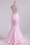 2024 Halter Floor Length Mermaid Prom Dresses Open Back Satin With Beads & PFETJT7D