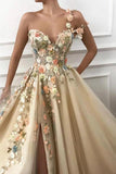 A Line One Shoulder V Neck 3D Flowers Prom Dresses, Tulle Sleeveless Evening Dresses STG15009