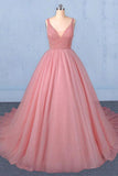 Ball Gown V Neck Tulle Prom Dress with Beads, Puffy Pink Sleeveless Quinceanera Dresses STG15074
