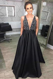 2022 Prom Dress V Neck Satin With Beads And Sequins P9CF6DSC