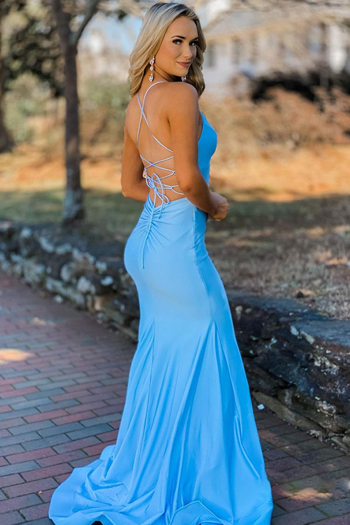 Mermaid Blue Sexy Backless Long Prom Dress